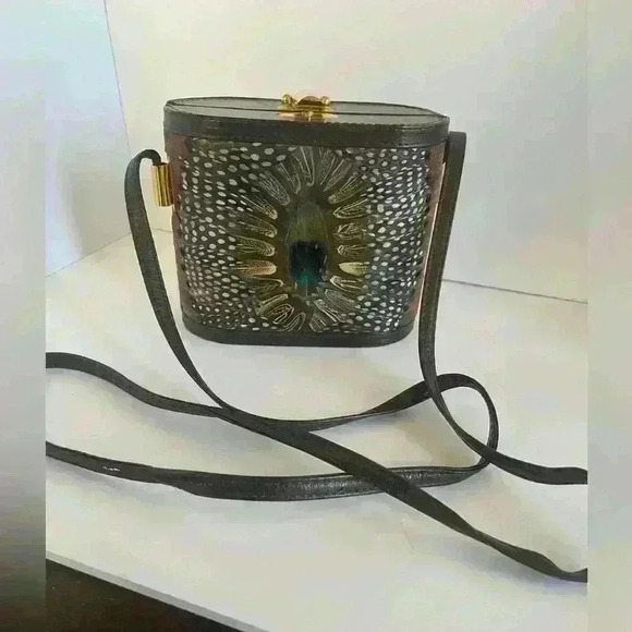 Vintage Genuine Peacock Feather Purse by Comeco Handbag Clutch w/ Strap Brown - Picture 1 of 14